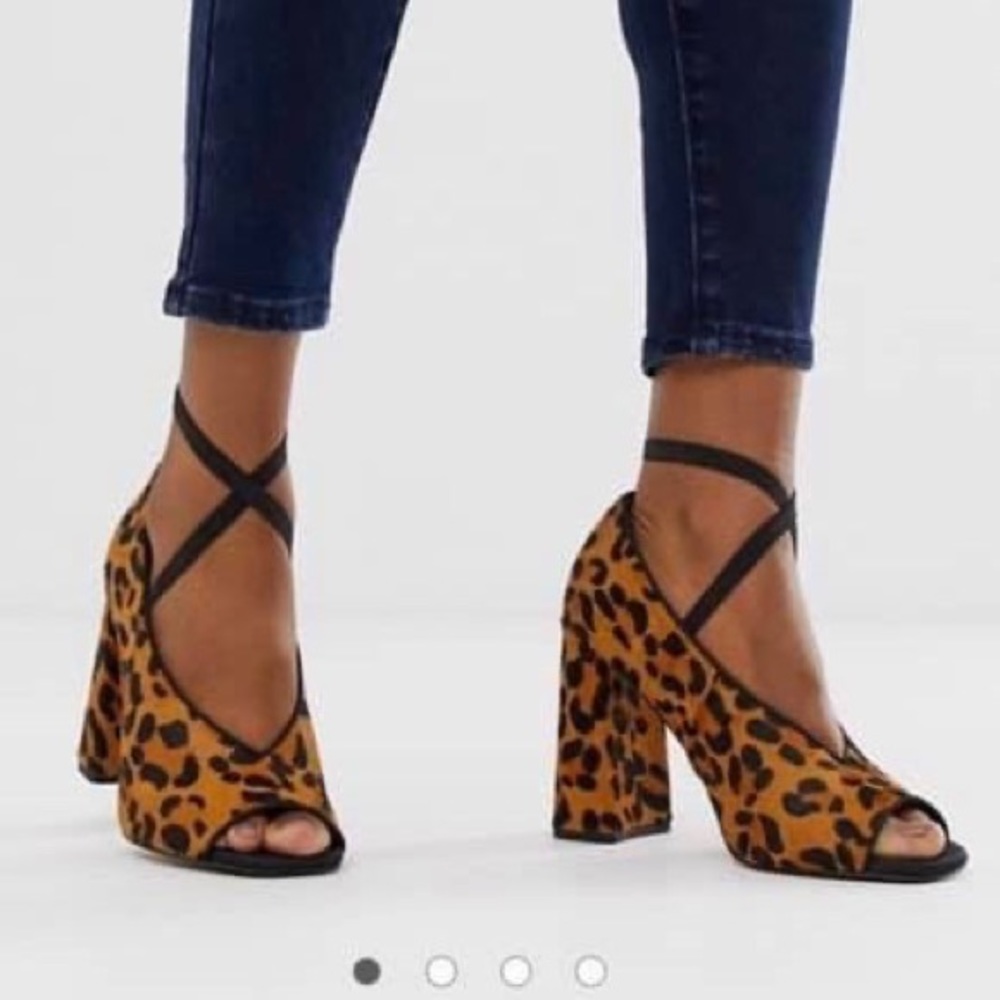 ASOS Leopard Print Peep-Toe Block Heels with Black Crisscross Straps